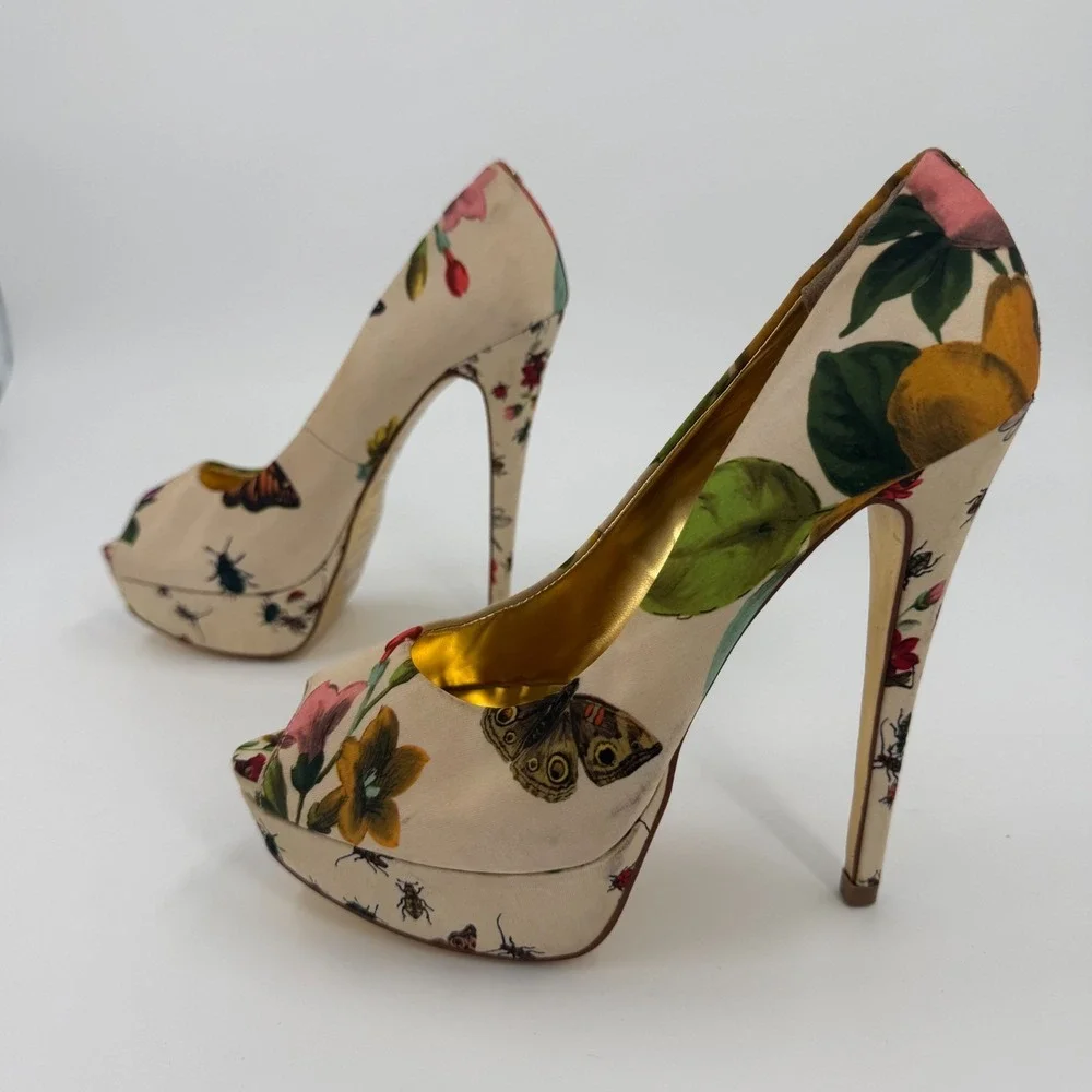Ted Baker Carlina Platform Pumps Womens Size 6 Beige Floral Peep Toe Slip On